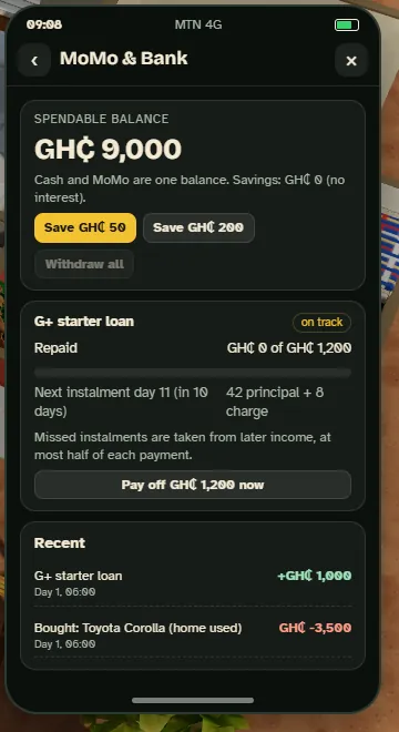 The in-game phone: MoMo balance, savings and the G+ starter loan