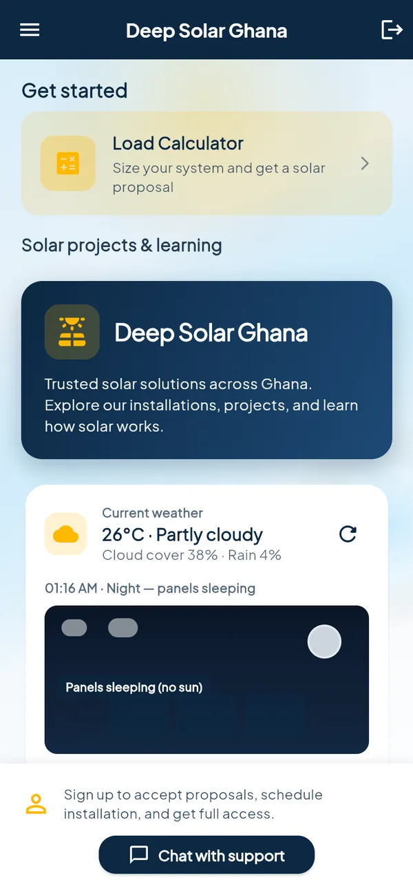 Deep Solar app home: load calculator, projects and live weather