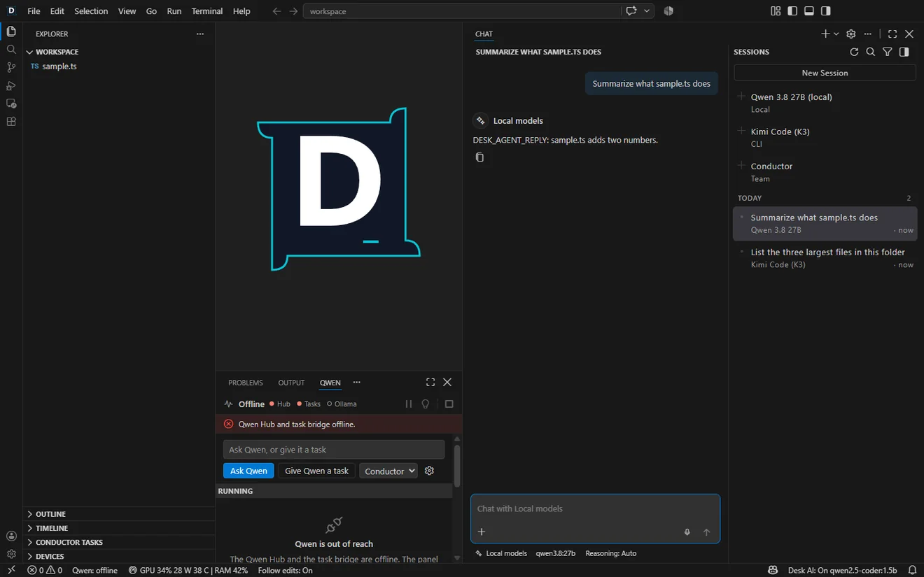 Desk AI with the agent panel, terminal and local model status