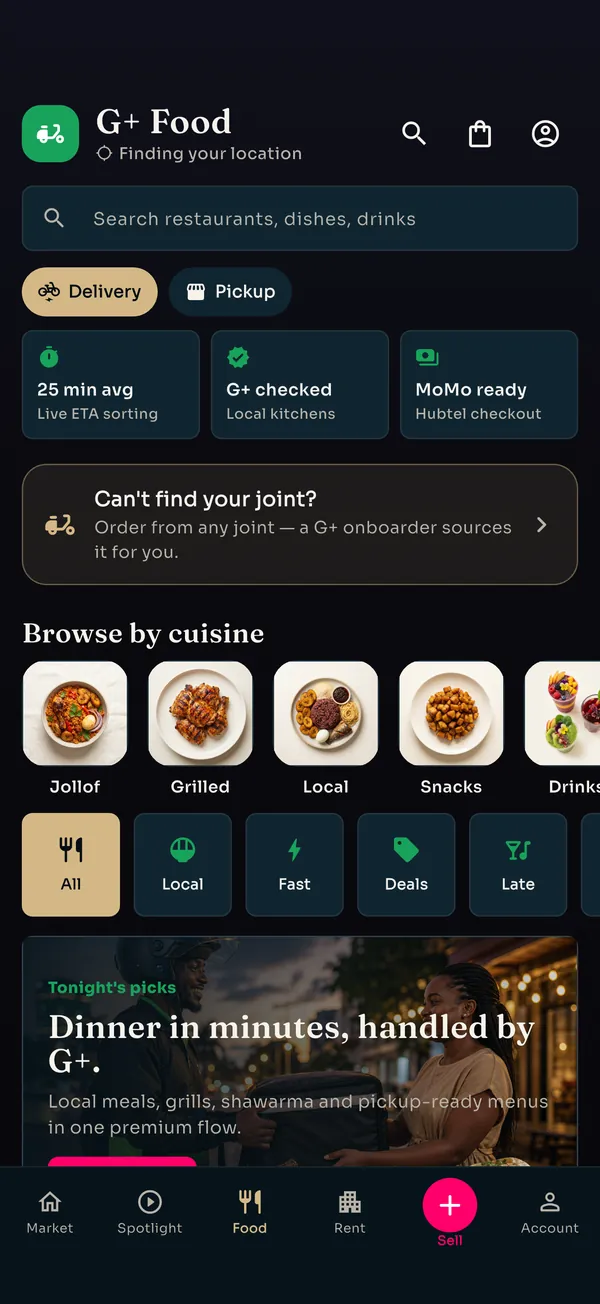 G+ Food customer app: browse by cuisine, delivery or pickup