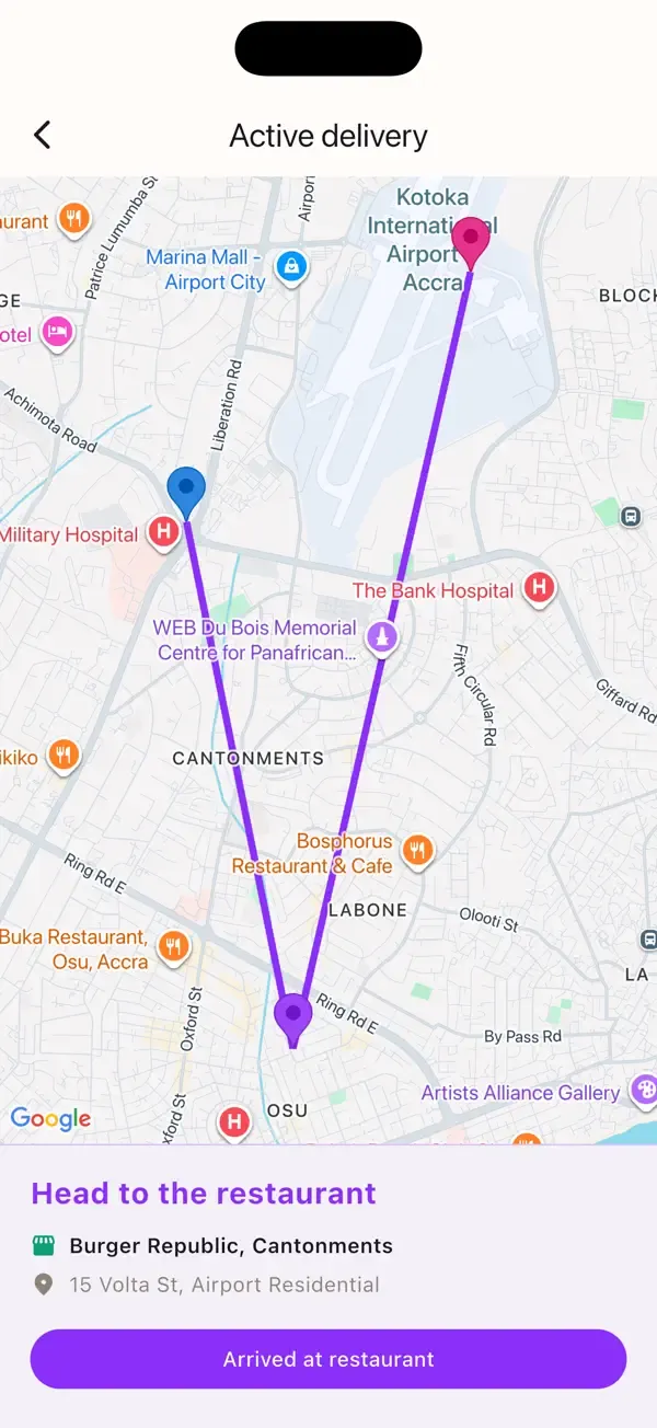G+ Driver: active delivery on a map of Accra
