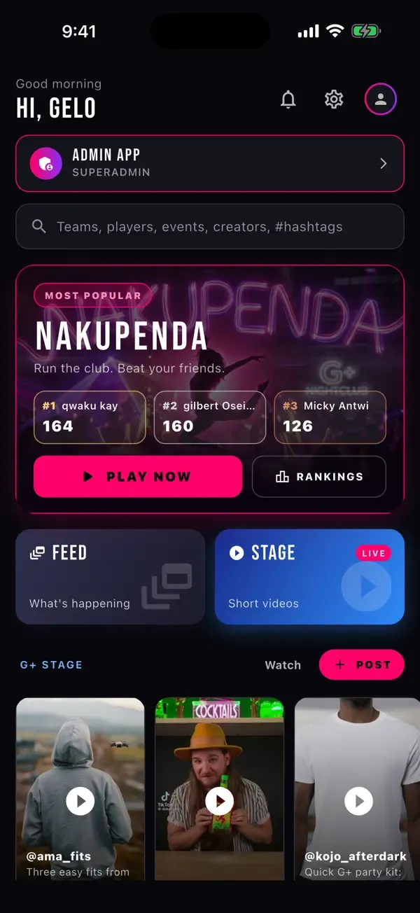 G+ home screen with Nakupenda, the feed and Stage videos