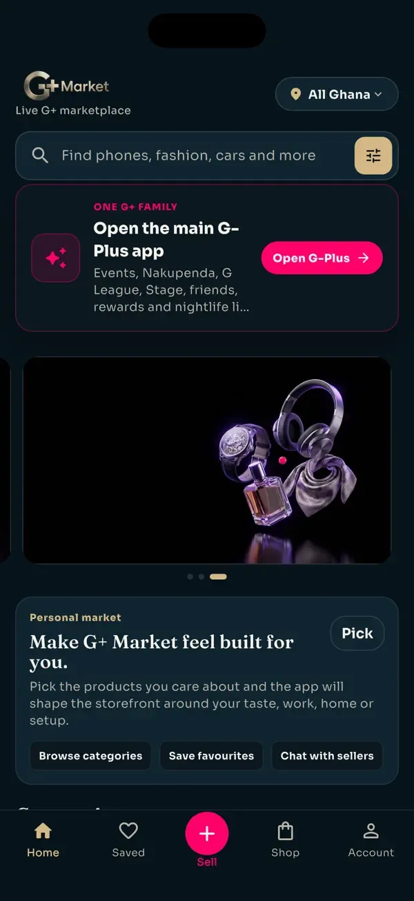 G+ Market home with search and a personal feed