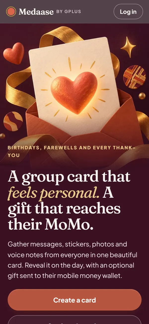 Medaase on a phone, with the Create a card button