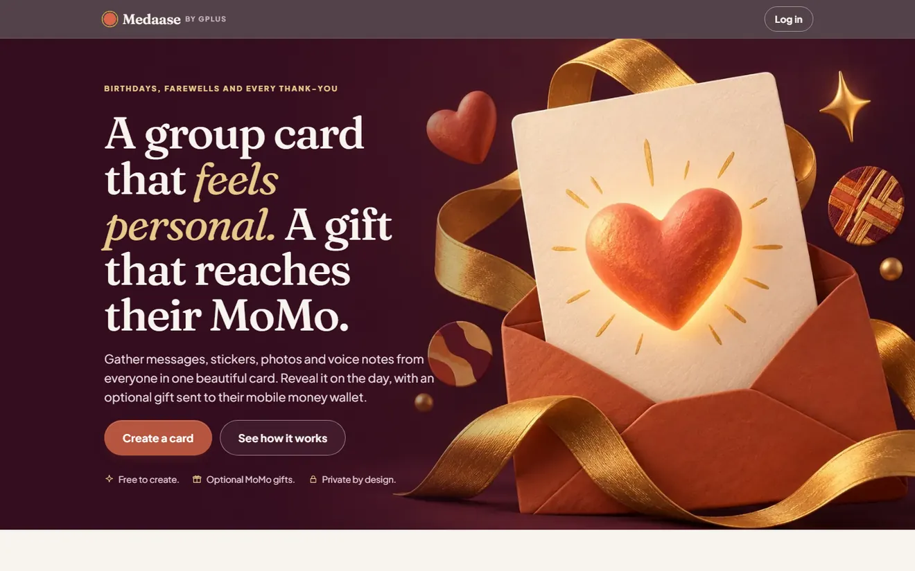 Medaase home page: a group card that feels personal, a gift that reaches their MoMo