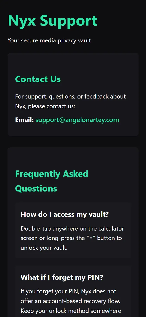 The Nyx support page, with answers on unlocking the vault