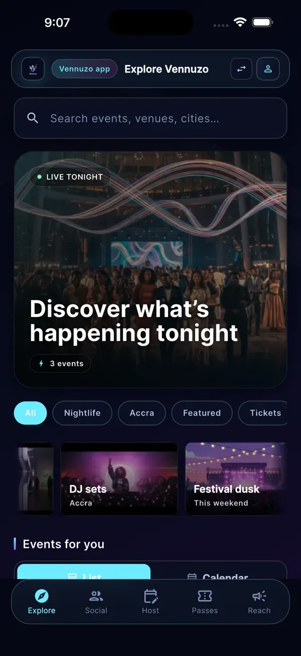 Vennuzo explore screen: discover what's happening tonight