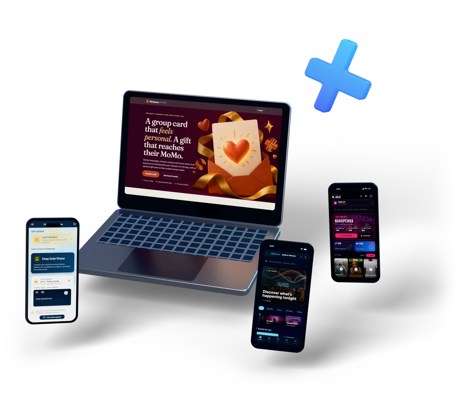 Medaase on a laptop, with the Deep Solar app, Vennuzo and G+ on phones around it