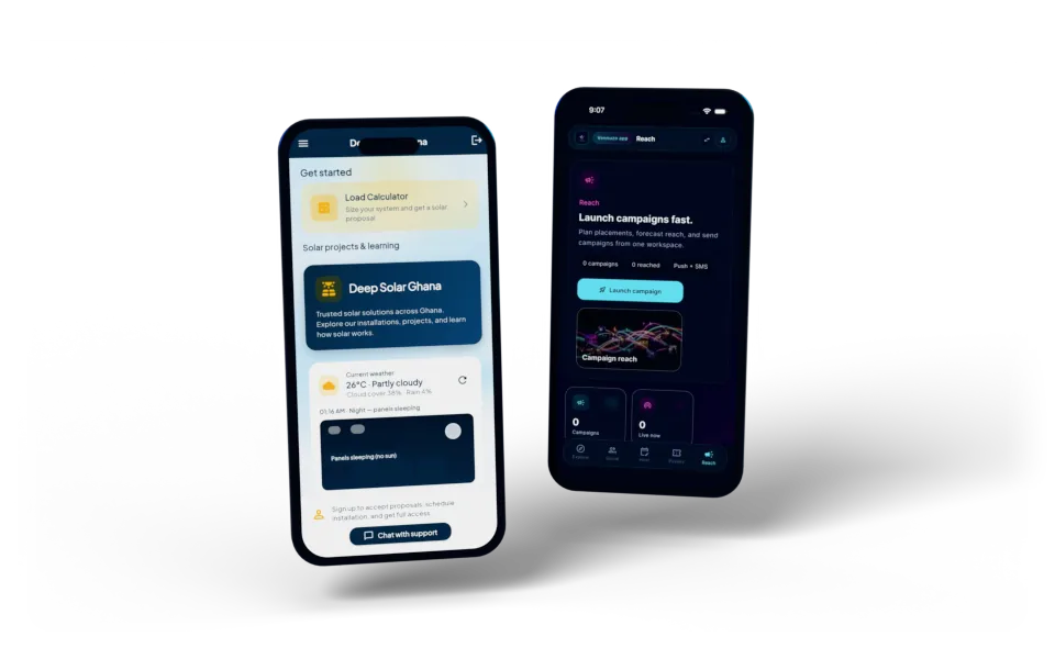The Deep Solar app and Vennuzo Studio on two phones
