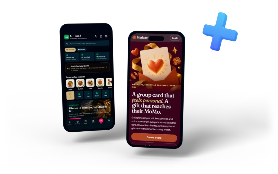 G+ Food and a Medaase card on two phones